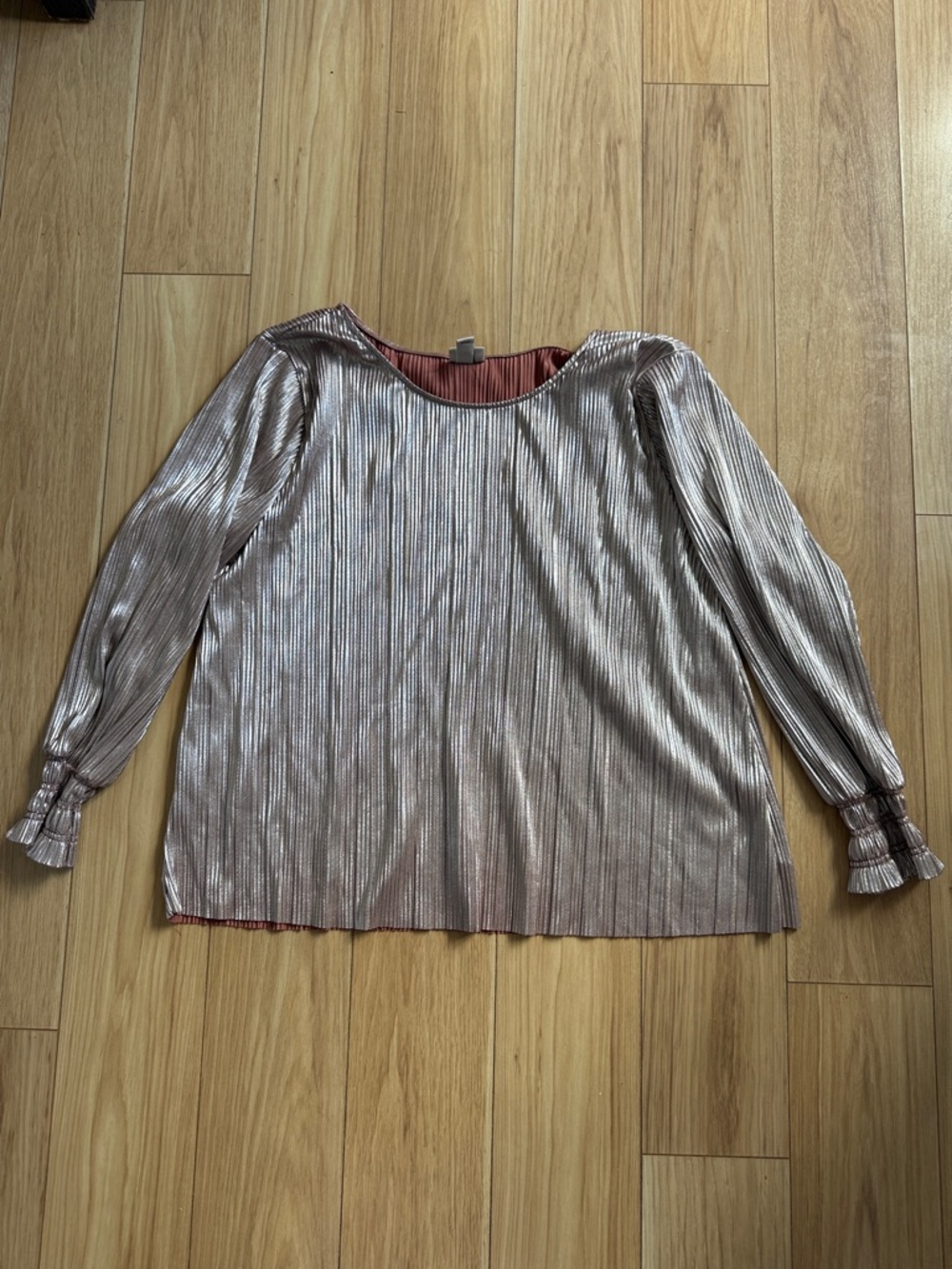 Metallic Pink Rose Gold Pleated Long-Sleeve Women's Top